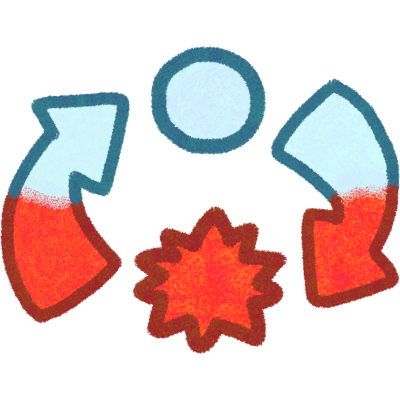 a very pale blue circle on top, and a red spikey ball on bottom, on the left is an arrow starting at the spikey pointing to the circle going from red to blue, and on the right is an arrow starting from the circle pointing to the spikey going from blue to red